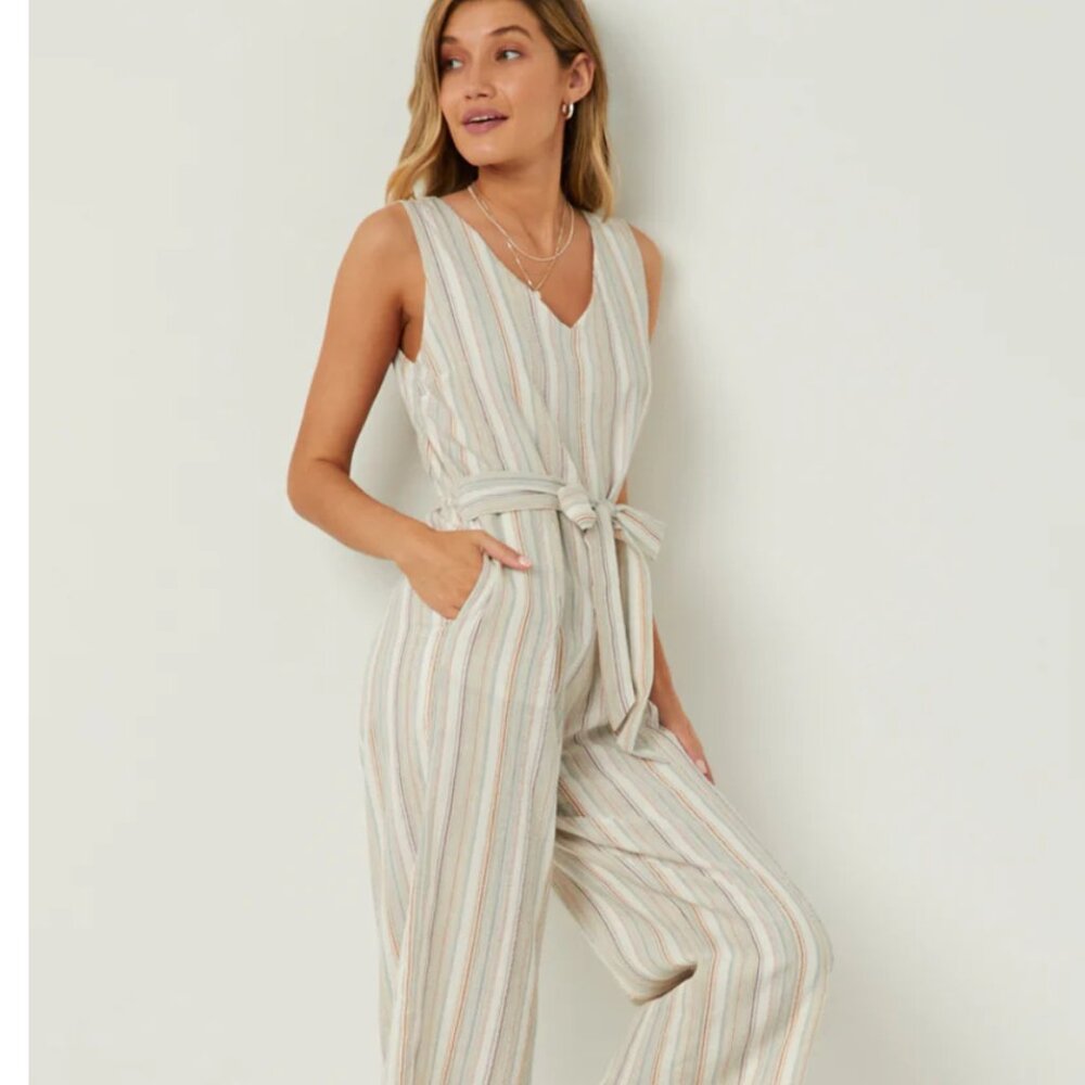 NWOT Hayden Los Angeles Multi Stripe V Neck Sleeveless Belted Jumpsuit